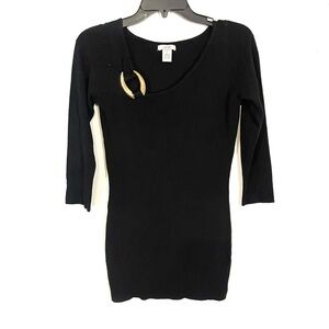 CACHE Sweater Top Gold Ring Detail 3/4 Sleeve Black Viscose Stretch Size XS